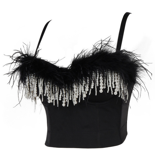 Feather bra, sexy back, one shoulder sling, pearl tassel wrapped chest