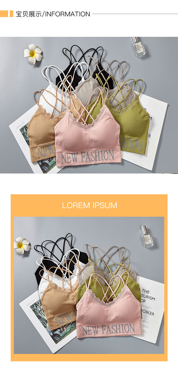 English letter lace thin shoulder strap beautiful back wrap chest breathable lining fabric worn outside yoga gathering strap chest cushion underwear for women detail image 12