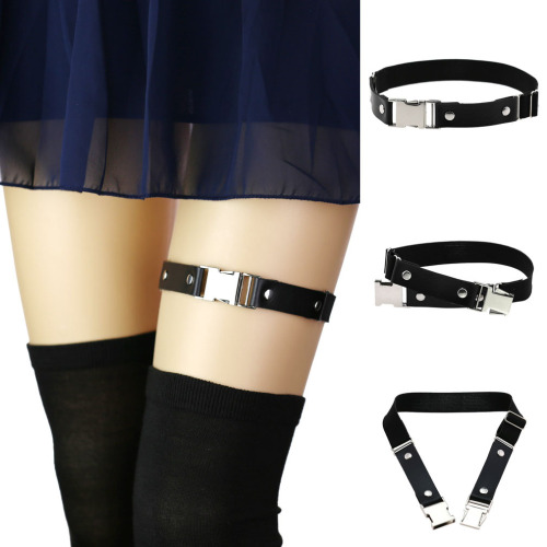 European and American personality simple alloy buckle garter belt Gothic punk creative elastic PU leather adjustable thigh ring