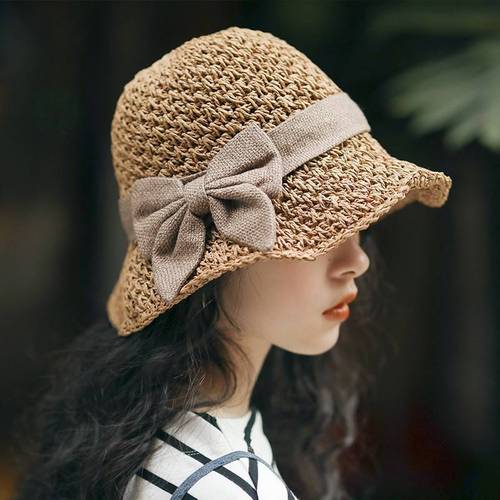 Hat female sun hat grass hat small edge fisherman hat bow Japanese versatile sun hat