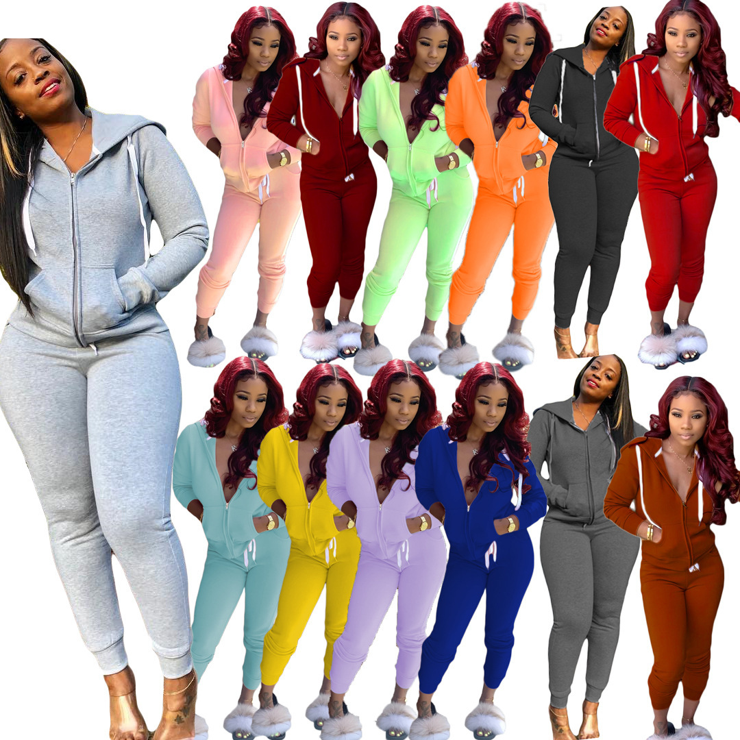 9628# Amazon wish 2020 Fall European and American Women's Solid Color Sweater Suit Sports Two-Piece Set