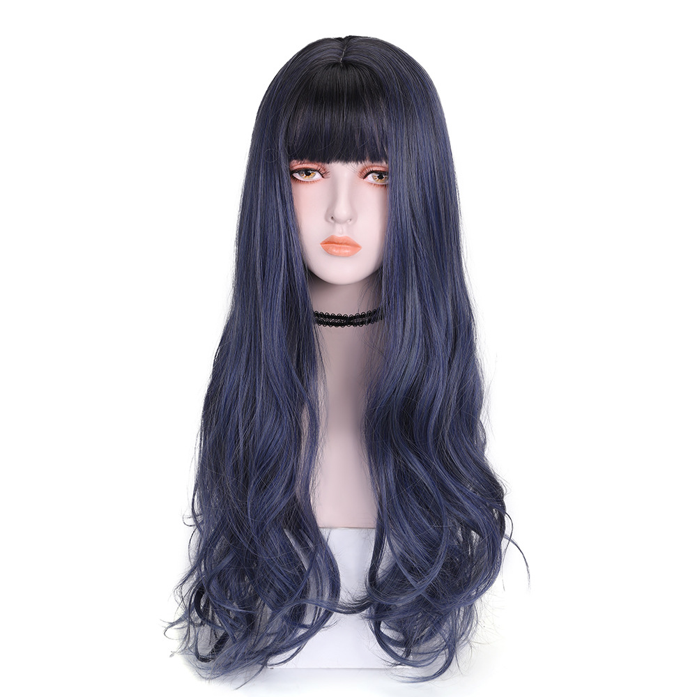 Perruque synthétique bouclée à la mode pour Jeune fille aux cheveux longs et petite frange ondulée_voghion.com