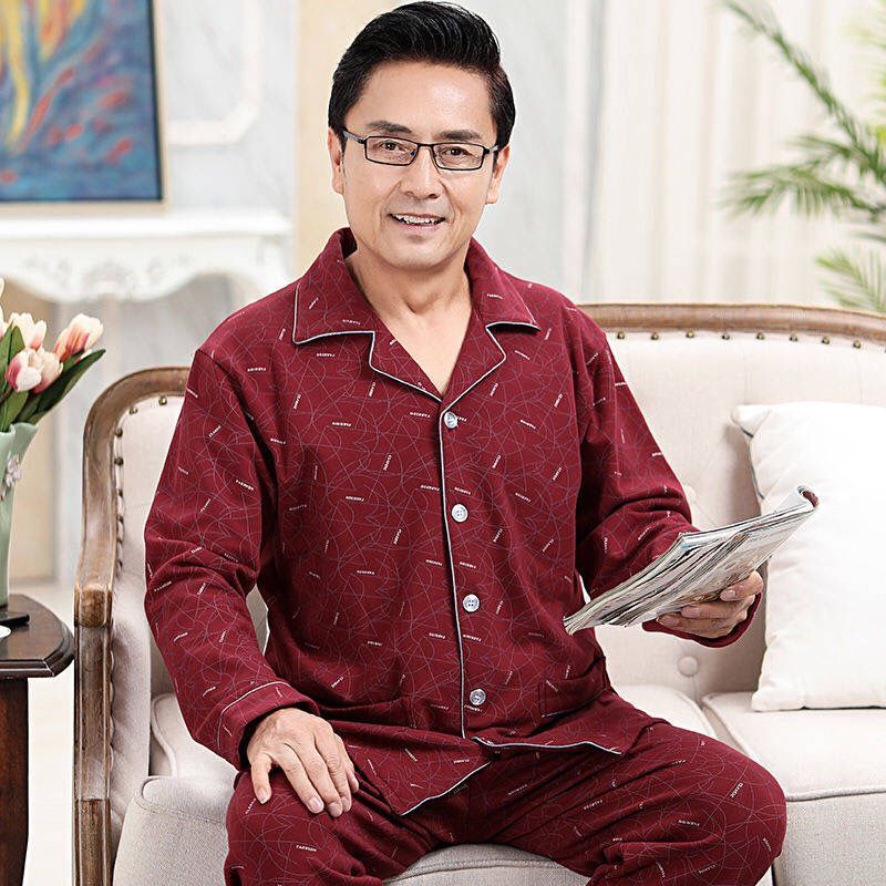 Pijama de algodón 100% primavera y otoño de los hombres cardigan de manga larga más el tamaño de invierno de mediana edad y ancianos de alta gama ropa para el hogar