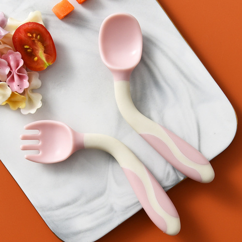 Infant twisting spoon and fork bent crooked handle silicone spoon children's baby training spoon and fork combination baby food supplement tableware