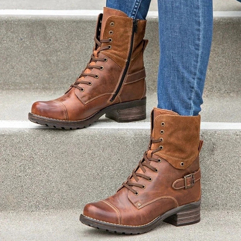 New round head women's thick heels lace-up solid color women's motorcycle boots_voghion.com
