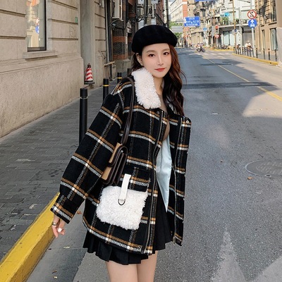 coat Autumn and winter Versatile student Easy Show thin Women's wear Korean Edition fashion lattice Lambswool Mosaic Woollen cloth overcoat