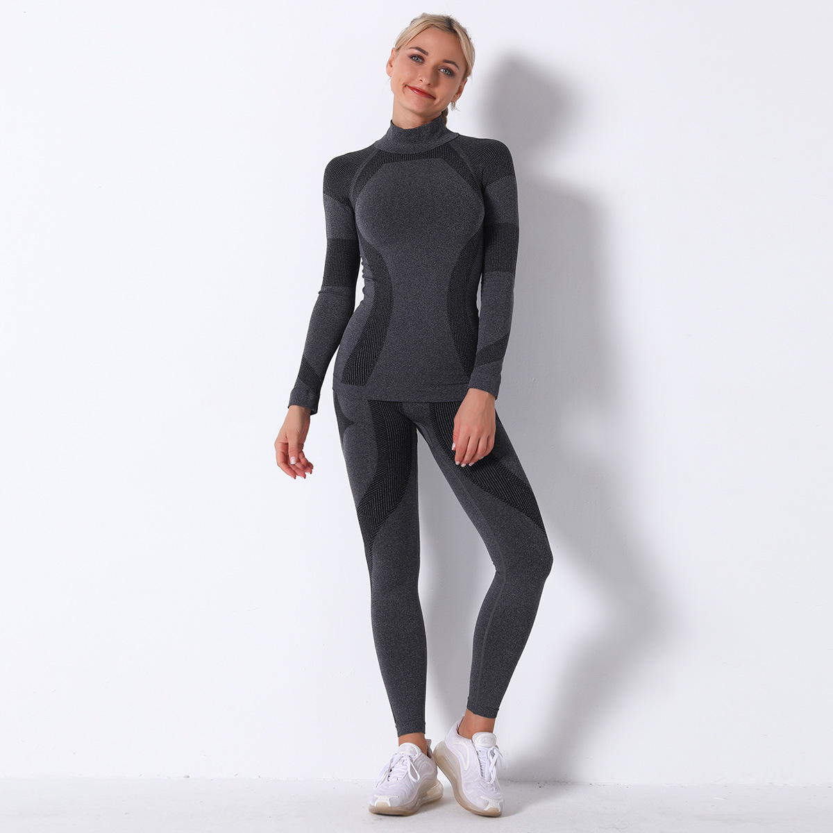 seamless knitted striped sports yoga long-sleeved two-piece suit  NSLX9020