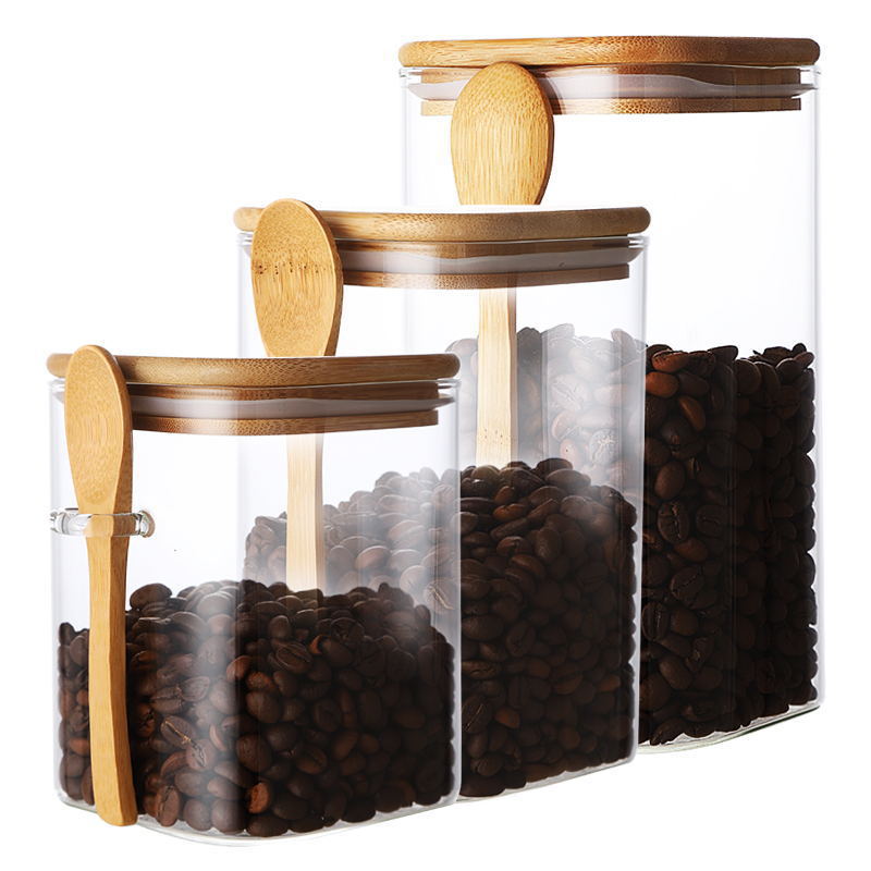 Japanese style square large glass sealed storage jar with wooden spoon seasoning box coffee bean can household milk powder tea can