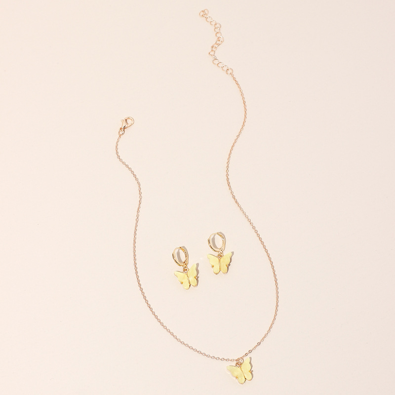 10g Weight Necklace Classification Wedding, Travel Occasion Alloy Material Circle Pattern Women'S Gender Pink, Purple, Green, Yellow Color Girls Fashion Butterfly Pendant Sen Earrings Clavicle Chain Super Fairy Earring Necklace 8