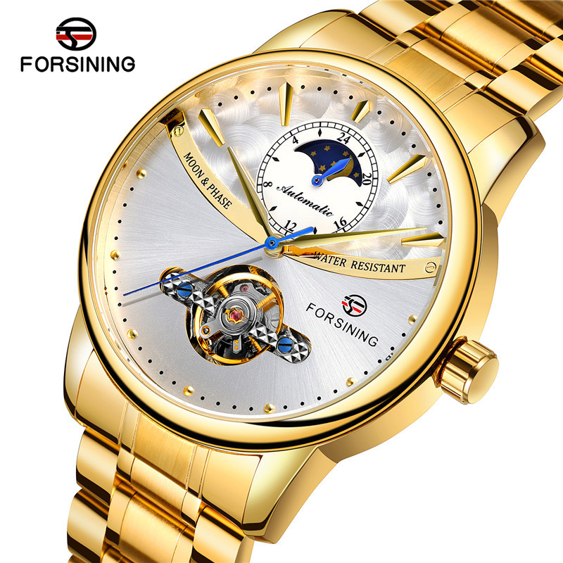 Forsining busini correa de acero los hombres negocios reloj mecánico automático inferior transparente hueco 8179