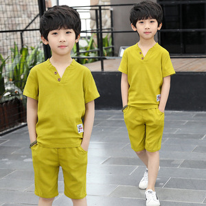 断码清仓男童套装纯色Ｖ领棉麻套装TZ18-054