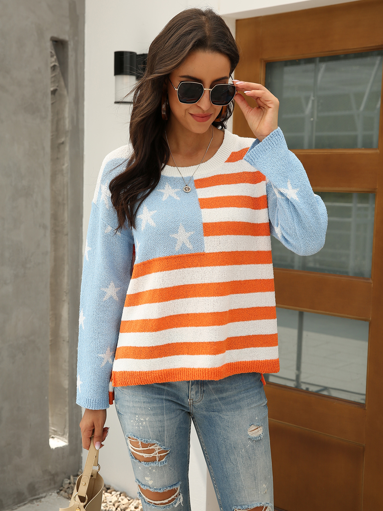 casual striped color-blocking American flag sweater nihaostyles wholesale clothing NSMMY83160