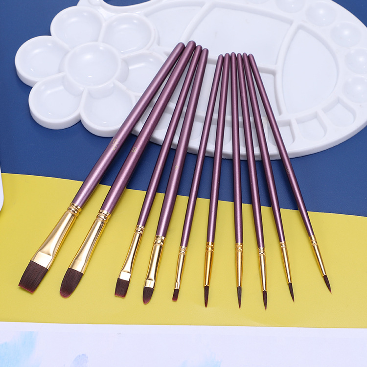 跨境尼龙毛10支油画笔套装水粉水彩丙烯儿童绘画勾线笔美术排笔刷|ru