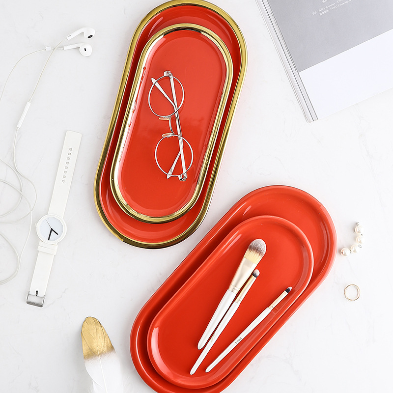 Nordic ins borde dorado placa de cerámica creativa gran bandeja de la joyería roja placa de caramelo suministros de la boda placa de almacenamiento en el hogar