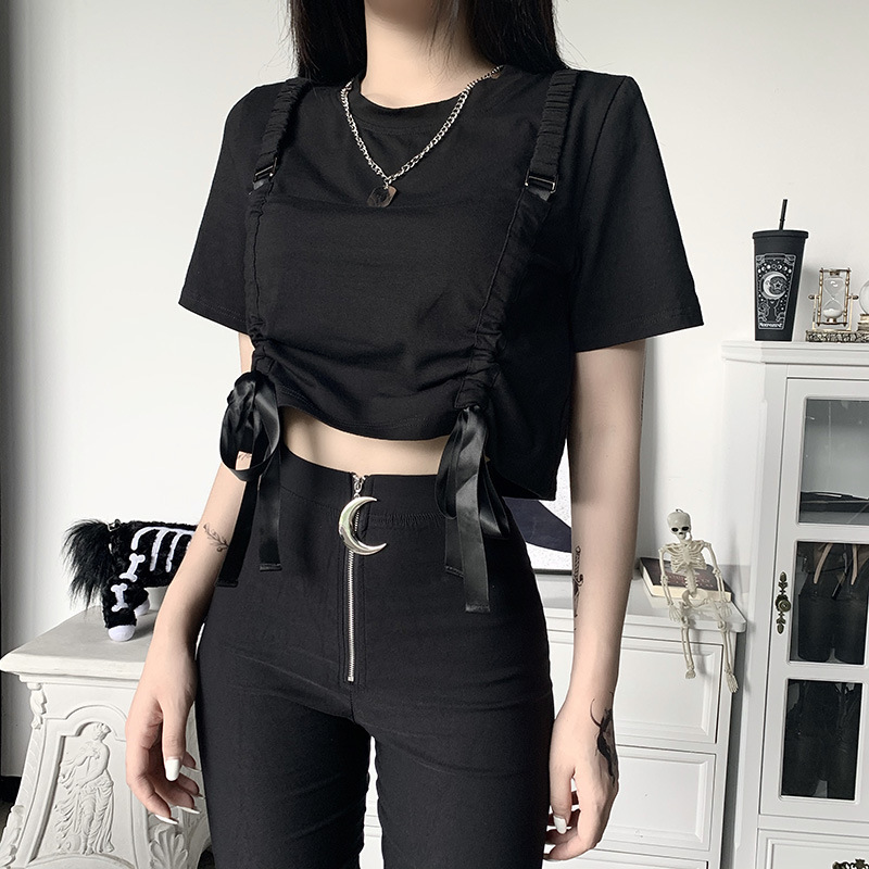 Summer black Drawstring short-sleeved short T-shirt nihaostyles wholesale clothing NSGYB97830