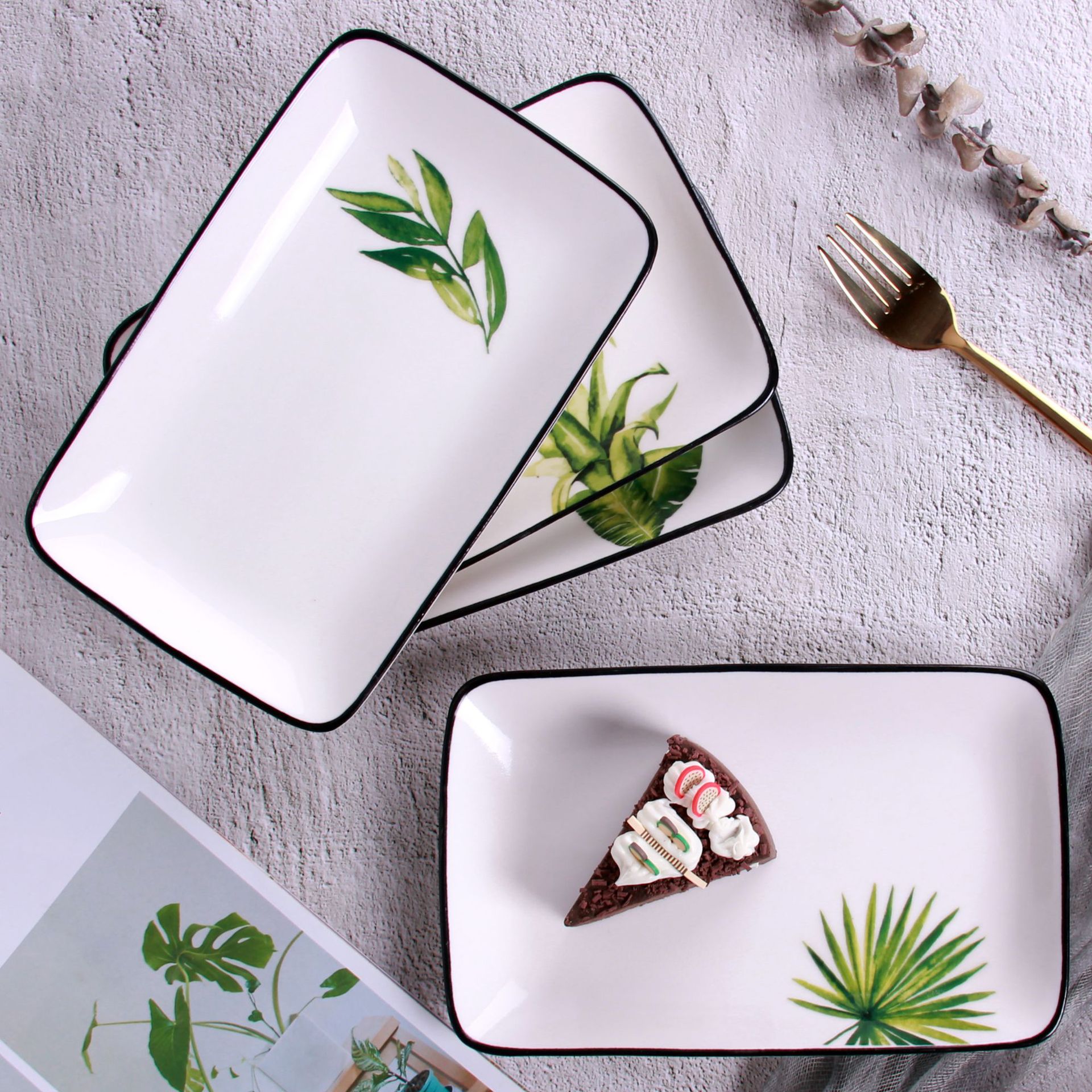 廠家直供8寸黑邊長方盤 西式西餐牛排盤酒店家用早餐盤沙拉盤