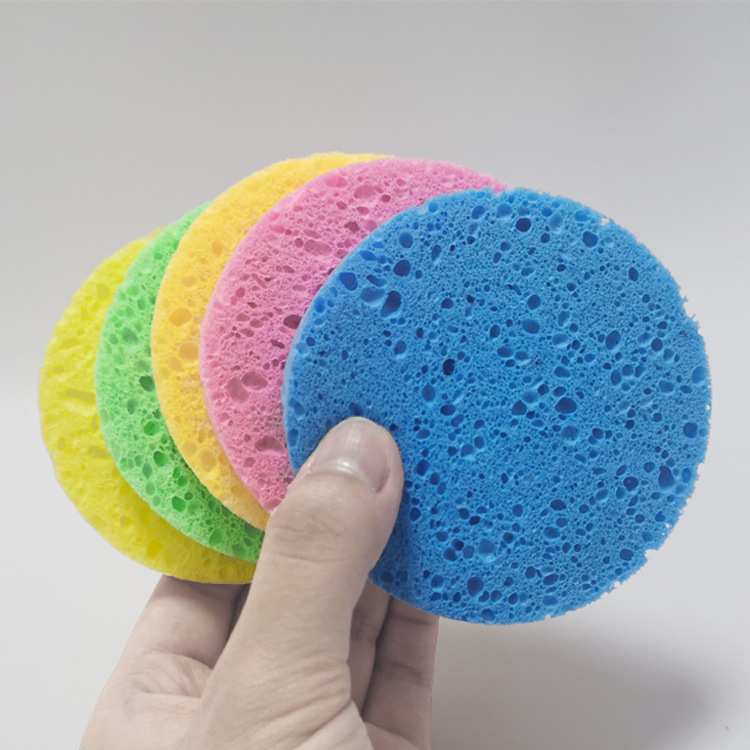 En stock al por mayor embalaje designado esponja de celulosa limpieza algodón pulpa de madera esponja limpieza puff pulpa de madera algodón cara lavado puff