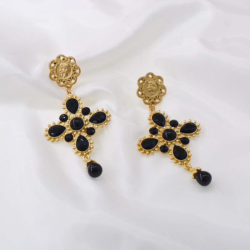 New Fashion Pearl Full Diamond Baroque Cross Palace Exaggerated Earrings display picture 3