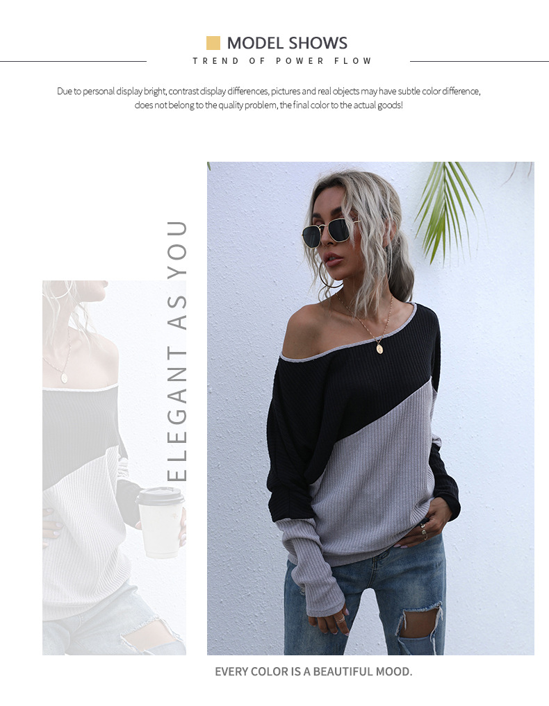 women s contrast color long-sleeved Off collar sweater nihaostyles wholesale clothing NSDMB79424