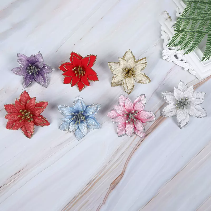 厂家新款圣诞金粉圣诞花 圣诞主题小花圣诞花环装饰圣诞树装饰