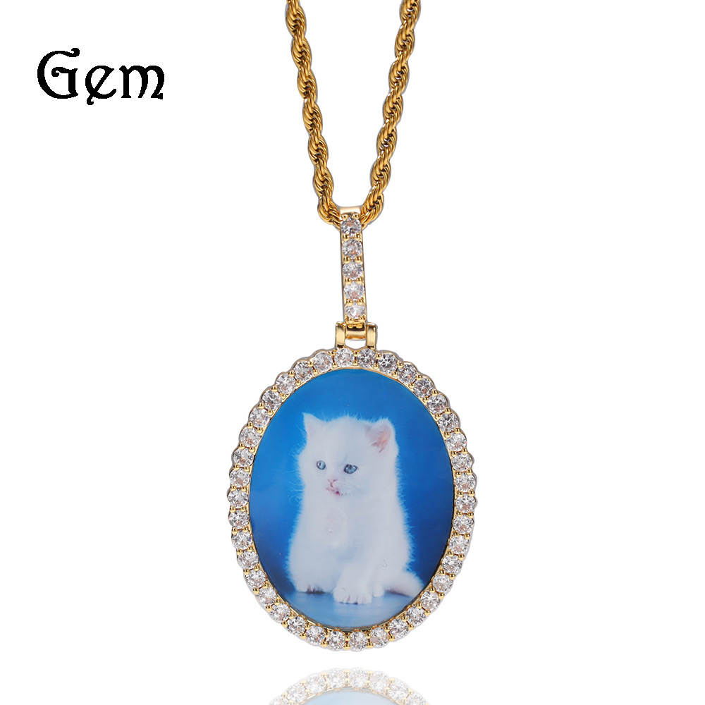 Collier photo Hip Hop plaqué or électrolytique ovale ensemble de diamants massifs pendentif accessoires de bijoux_voghion.com