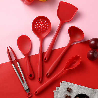 全包硅胶厨具6件套一体厨房用具套装带收纳桶硅胶烹饪饭勺套装|ms