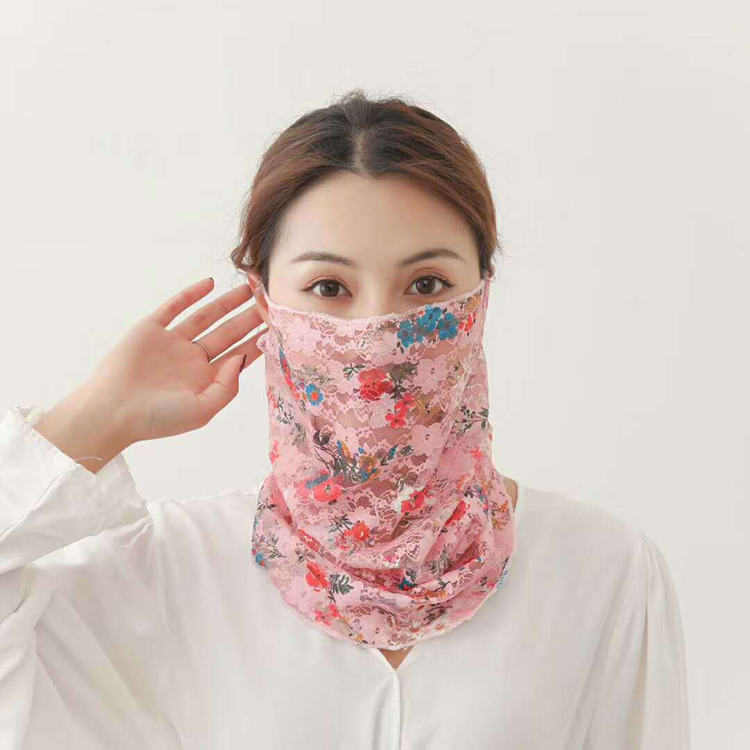 2020年新款蕾丝防晒面纱夏季薄款透气护脖遮脸面纱印花挂耳面罩|ms