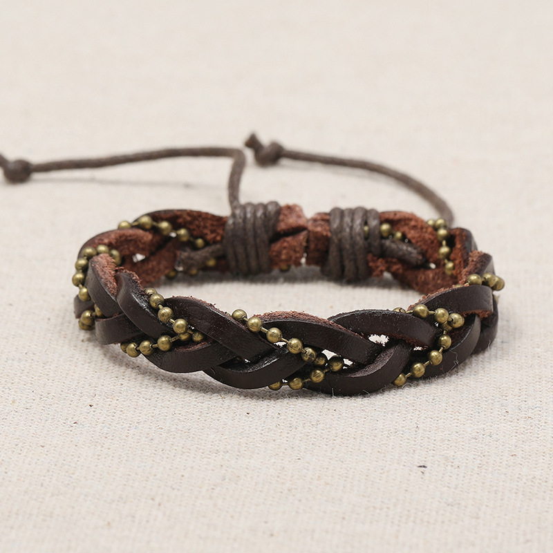 Retro  Woven Bead Chain Cowhide Bracelet display picture 2