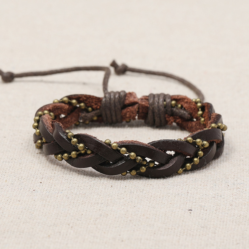 Vintage Style Personalized Woven Bead Leather Bracelet For Men_voghion.com