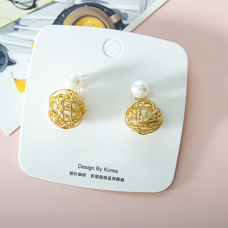 韩国东大门新款时尚金属毛线球耳钉 个性创意ins简约珍珠耳钉耳环|ru