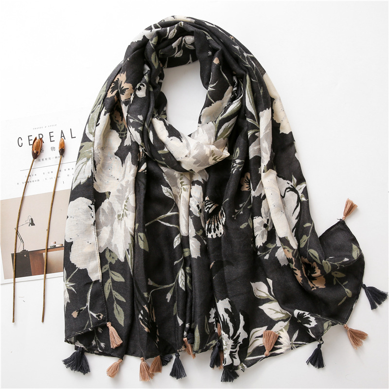 Fashion Camellia Cotton Linen Spring New Black And White Silk Scarf Beach Gauze Sunscreen Big Shawl For Women display picture 16