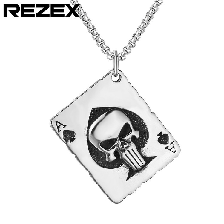 P0482-NK05 外贸饰品 欧美复古魔术师黑桃A骷髅头男士钛钢吊坠