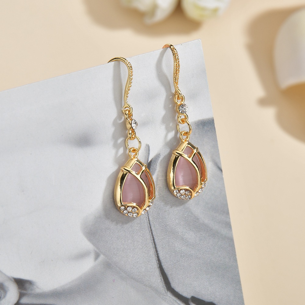 Women'S Gender Plating Design Fashion Silver Needle Tulip Retro  Cat Eye Korean Long Water Drop Zircon Earrings