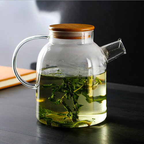 Cold kettle glass high temperature resistant household new Chinese style tea kettle large capacity bamboo cover flower tea kettle high appearance cold kettle