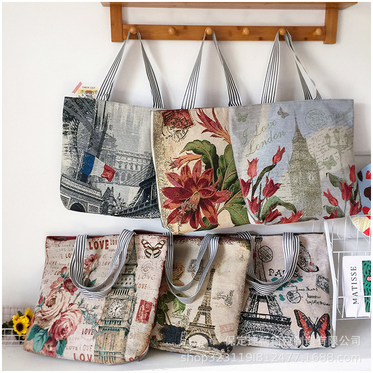 New creative Tower Flower jacquard women's bag flower European and American shoulder bag canvas casual big bag wholesale New creative Tower Flower jacquard women's bag flower European and American shoulder bag canvas casual big bag wholesale