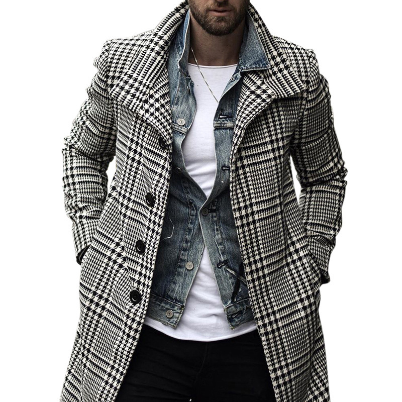 Men's Fashion Plaid Lapel Coat Mid-length Coat