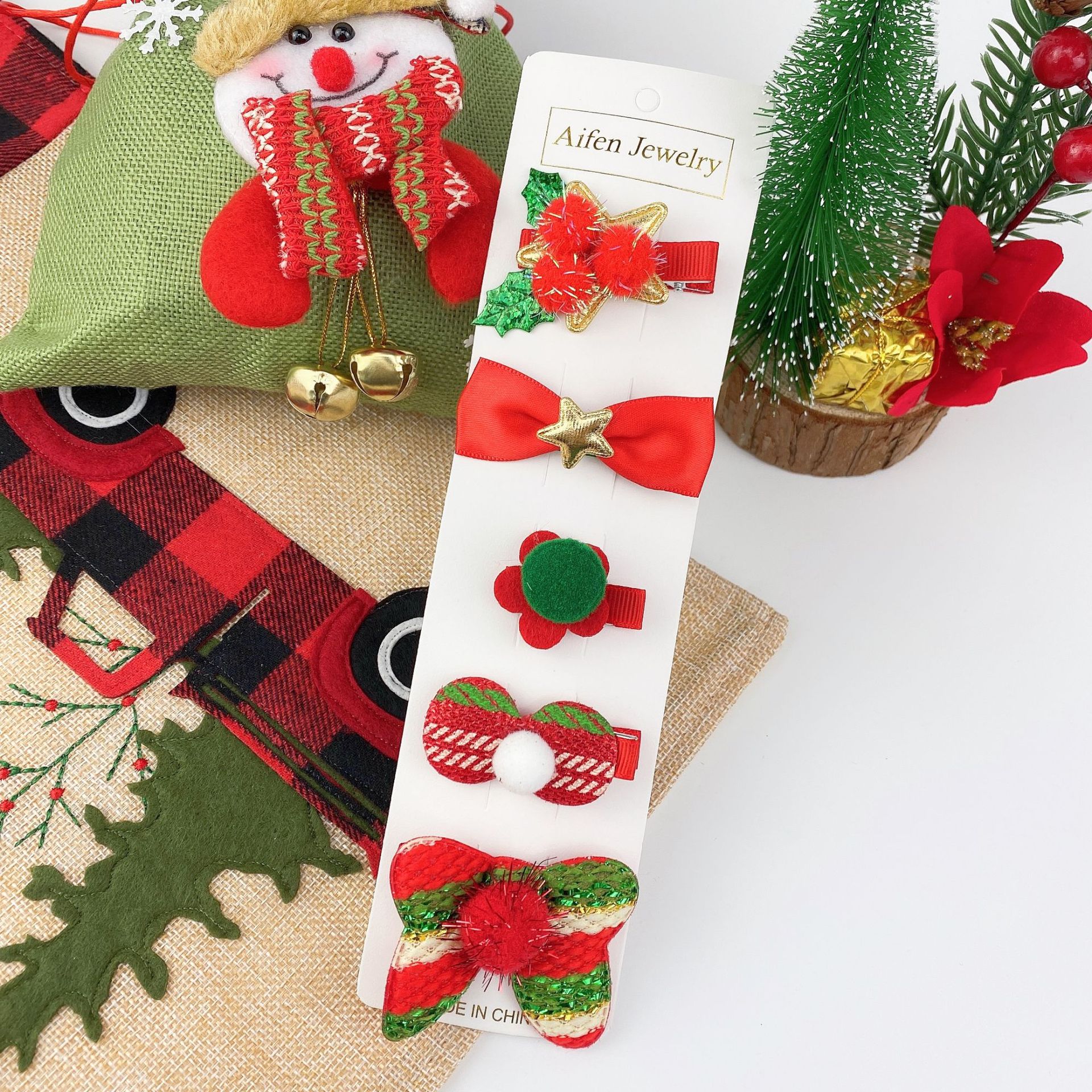 Cute Christmas Snowman Bow Tree Hairpin 5 Piece Set display picture 7