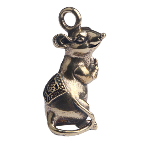 Brass Antiqued Twelve Zodiac Rat Personality Car Keychain Pendant, Luck Rat Charm, Small Copper Craft