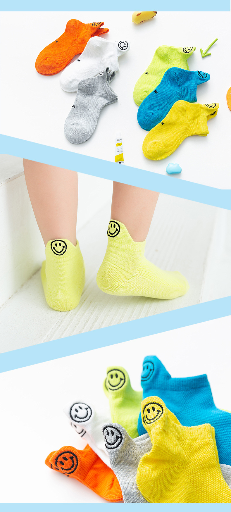 Kinder Kurze Tube Baumwoll Socken Frühling Und Sommer Neue Fluor Zierende Farbe Smiley Stickerei Kinder Socken Mesh Atmungsaktive Kinder Boots Ocken display picture 5