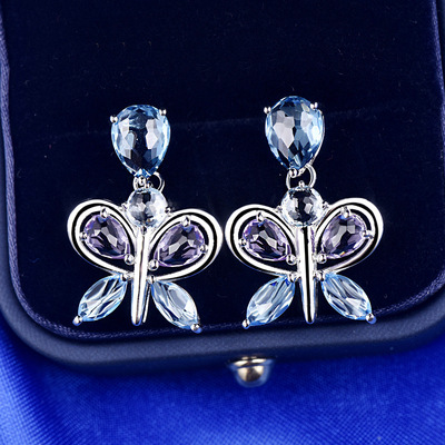 S925纯银镶嵌天然蓝托帕石紫晶耳钉多色彩宝组合耳饰时尚气质女款|ms