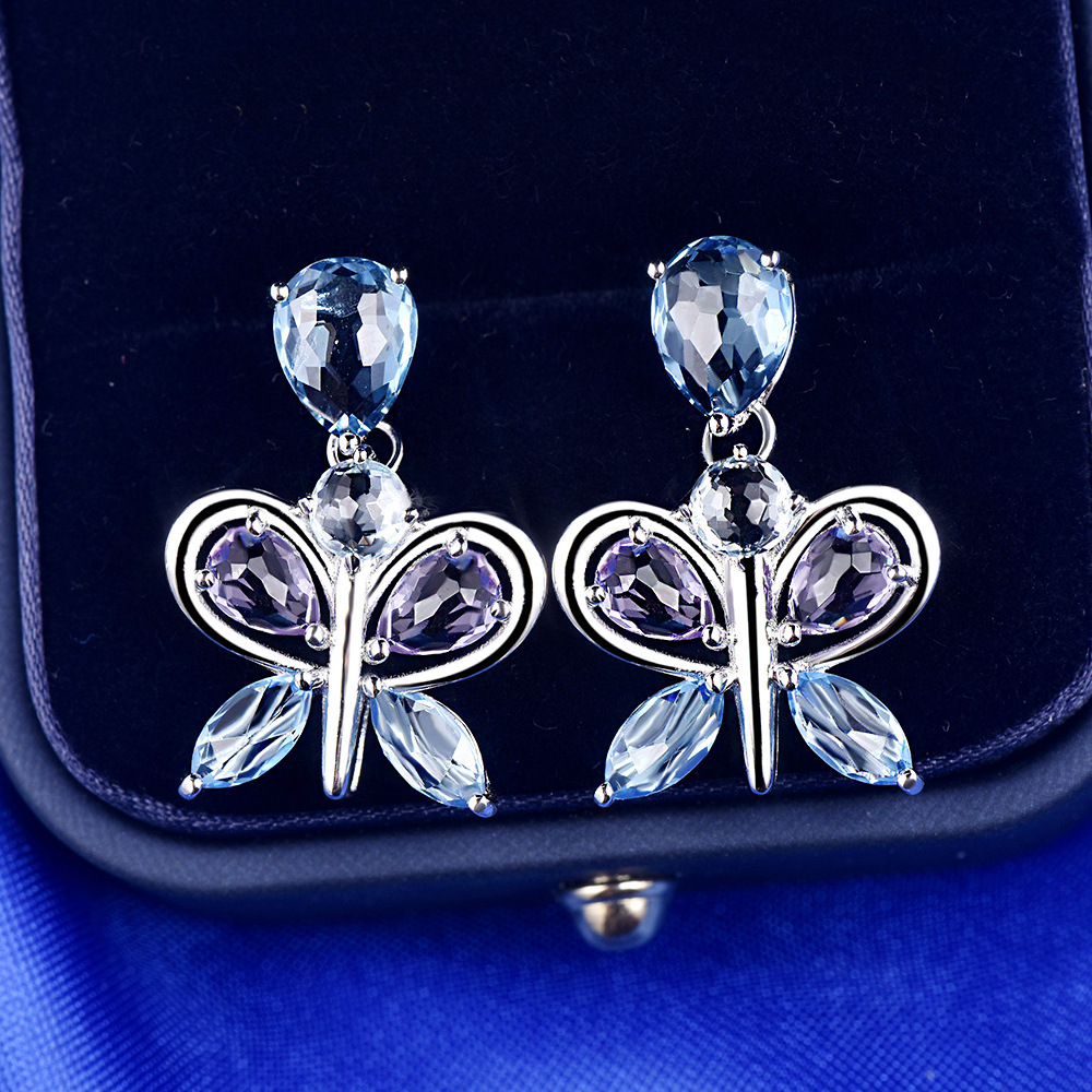 S925纯银镶嵌天然蓝托帕石紫晶耳钉多色彩宝组合耳饰时尚气质女款|ms