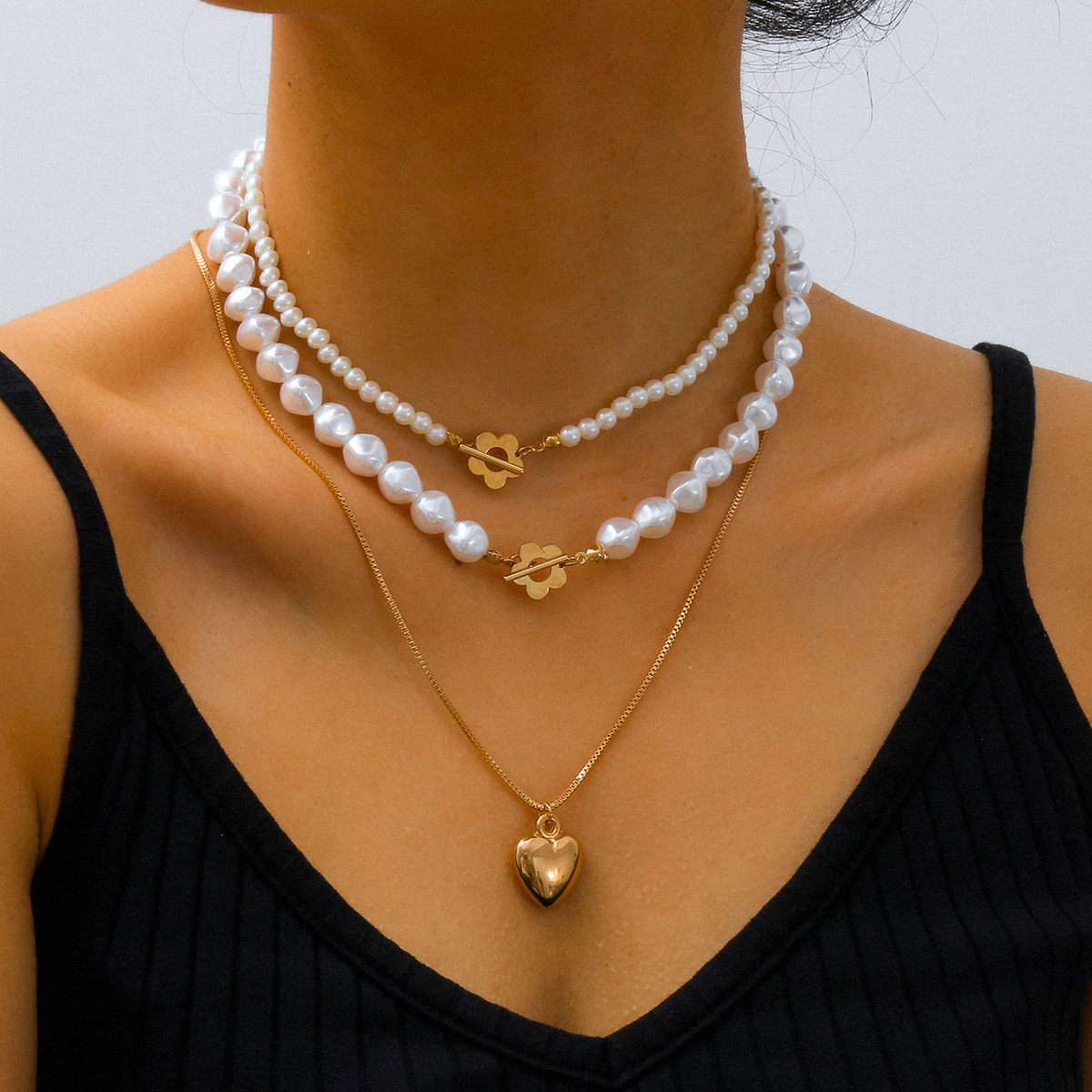 欧美创意跨境饰品 时尚简约多层珍珠项链 复古合金心吊坠项链