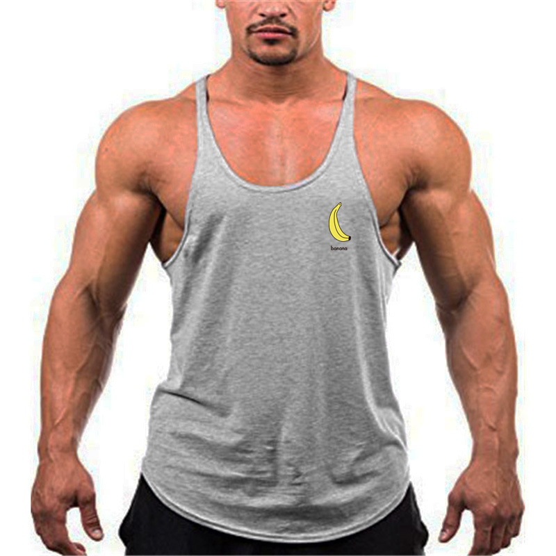 Nuevos hombres sexy de corte bajo correa de hombro delgada fruta impresa Chaleco de algodón plátano fitness chaleco deportivo de verano