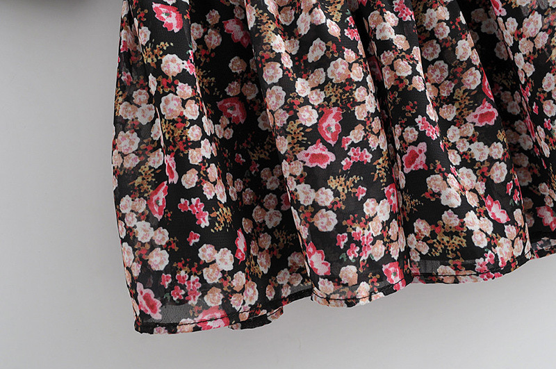 Casual Round Neck Puff Sleeve Floral Printed Chiffon One-piece Skirt NSGE37867