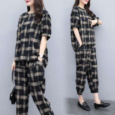 格子套裝女2020夏裝大碼休閑短袖九分褲顯瘦兩件套寬松潮