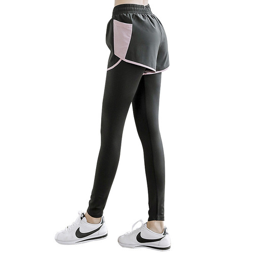 Fake two-piece sports pants for women, running training, fitness pants, slimming, quick-drying, outdoor yoga pants with pockets, bottoming