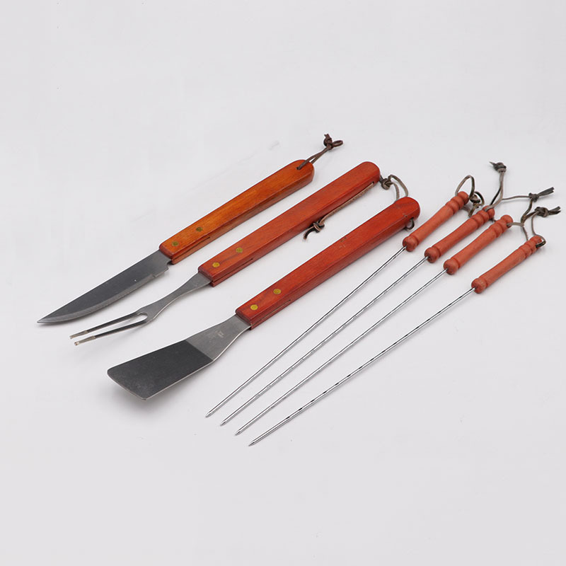 [Fuente de fábrica] Herramienta de barbacoa de acero inoxidable mango de madera bolsa de tela de 9 piezas traje parrilla accesorios de barbacoa