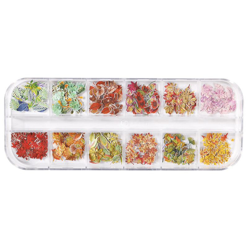 Fingerpiece manicure pulpa de madera de hoja de arce 240 piezas de color pegatinas de uñas de hoja de arce hechas a mano piezas de pulpa de madera de manicure tridimensional colorido