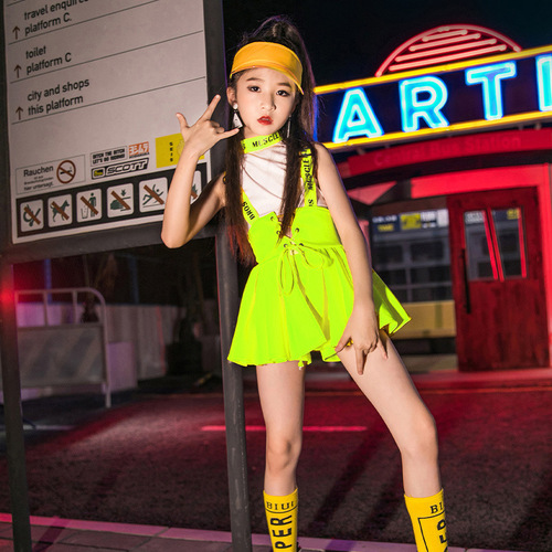 Girls green colored cheerleading performance costumes jazz dance skirt suits fluorescent green children's short-sleeved gogo dancers dance suit