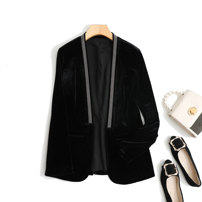 Wholesale autumn slim-fit beaded v-neck long sleeve stitching gold velvet light luxury diamond-encrusted large size suit jacket